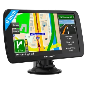 AWESAFE GPS Navigation 9 Inch High-Definition Touch Screen with Bluetooth/ FM /Speed Alerts/ Lifetime North America Maps for DC 12V&24V Car Truck RV