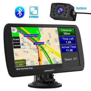 AWESAFE GPS 9 Pouces Écran Tactile Bluetooth FM Caméra Recul Alertes Sécurité Cartes Europe Voitures Poids Lourds MAJ Annuelles Gratuites