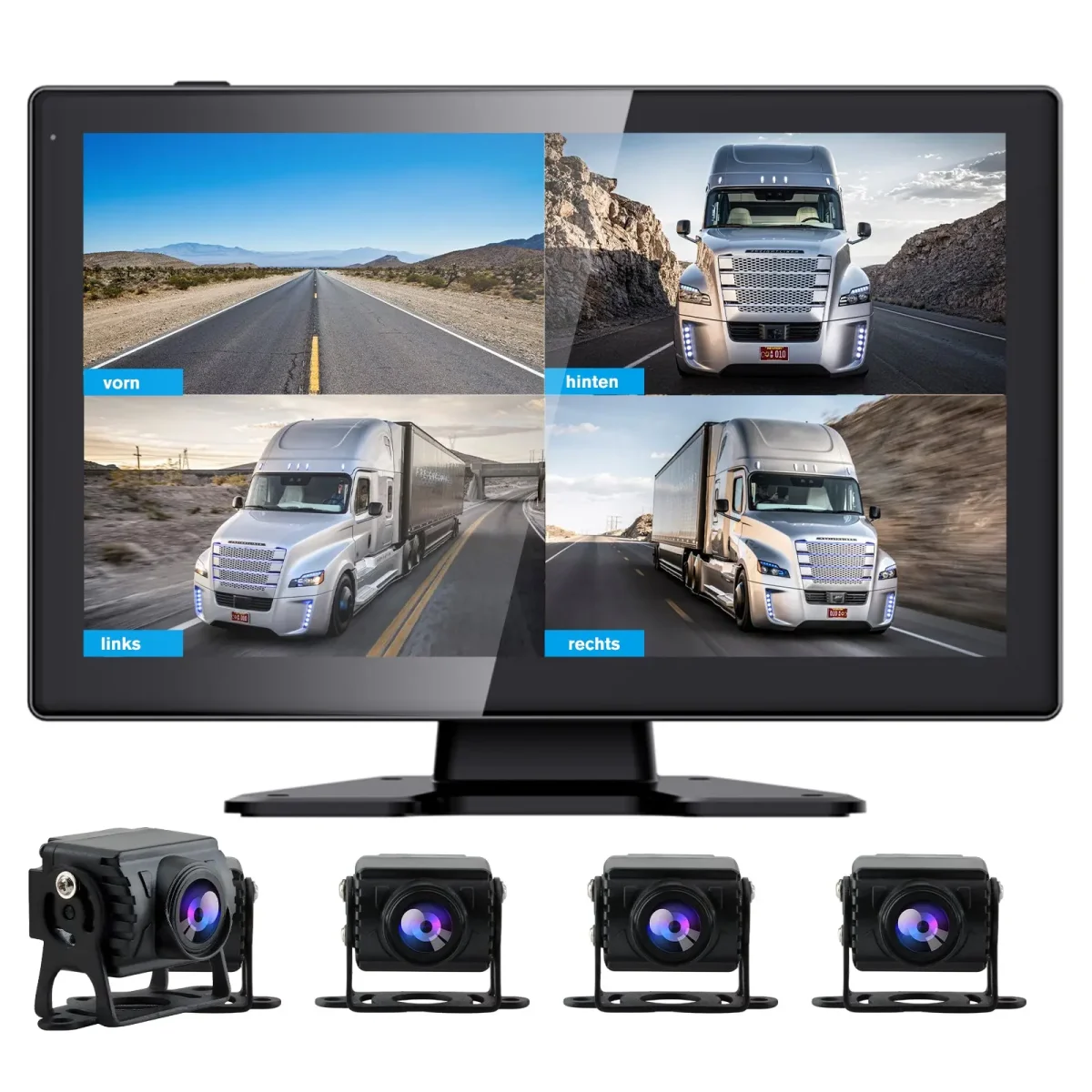AWESAFE Kabelloses Rückfahrkamera-System mit 4 Kameras 10,1 Zoll Monitor für große Fahrzeuge, SD-Karte, Bildzoom, Loop-Video, 4-Kanal-Display