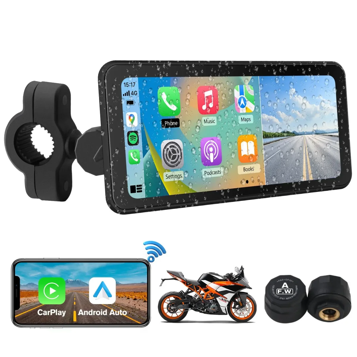 AWESAFE Motocicleta de 6,25 Pulgadas CarPlay, navegador GPS, portátil inalámbrico CarPlay y Android Auto, IPx8 Impermeable antirrobo, Soporte para Siri/Google Assistant. – Image 2