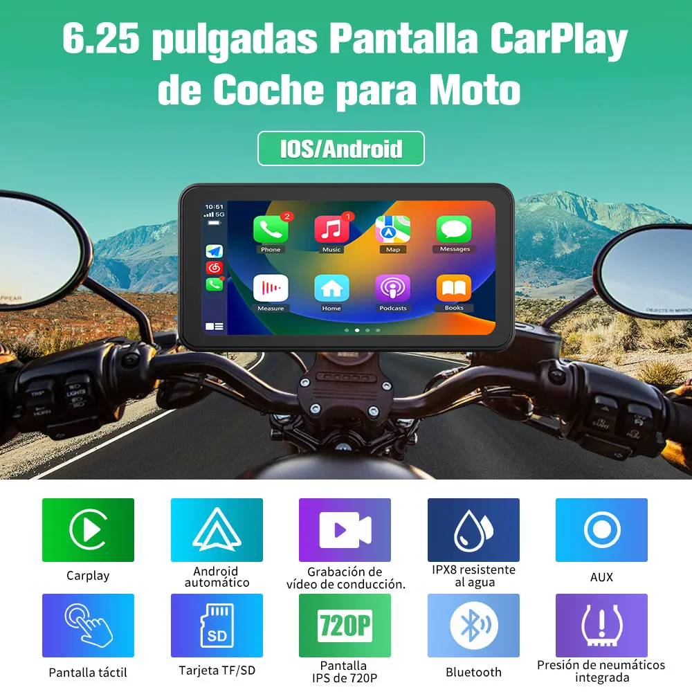 AWESAFE Motocicleta de 6,25 Pulgadas CarPlay, navegador GPS, portátil inalámbrico CarPlay y Android Auto, IPx8 Impermeable antirrobo, Soporte para Siri/Google Assistant. – Image 3