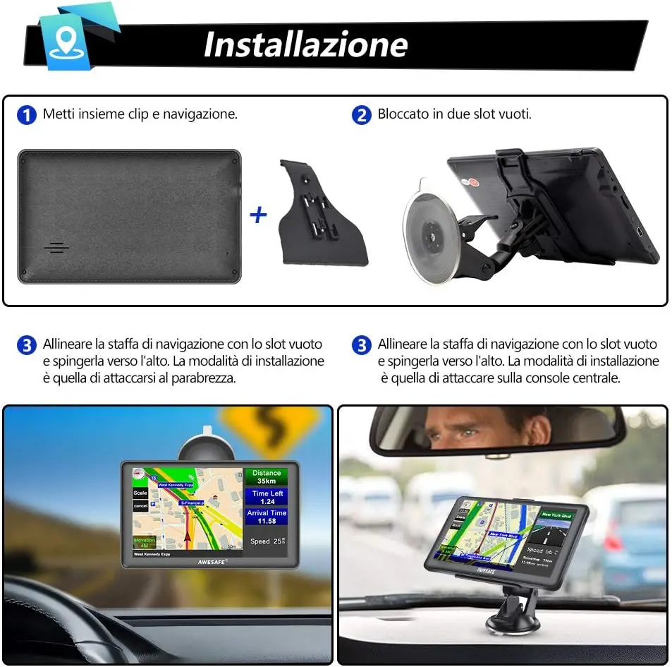AWESAFE Navigatore Satellitare per Auto 7 Pollici Schermo Touch Bluetooth FM Auto Taxi Furgoni Telecamera Retrovisiva Mappe Preinstallate – Image 6