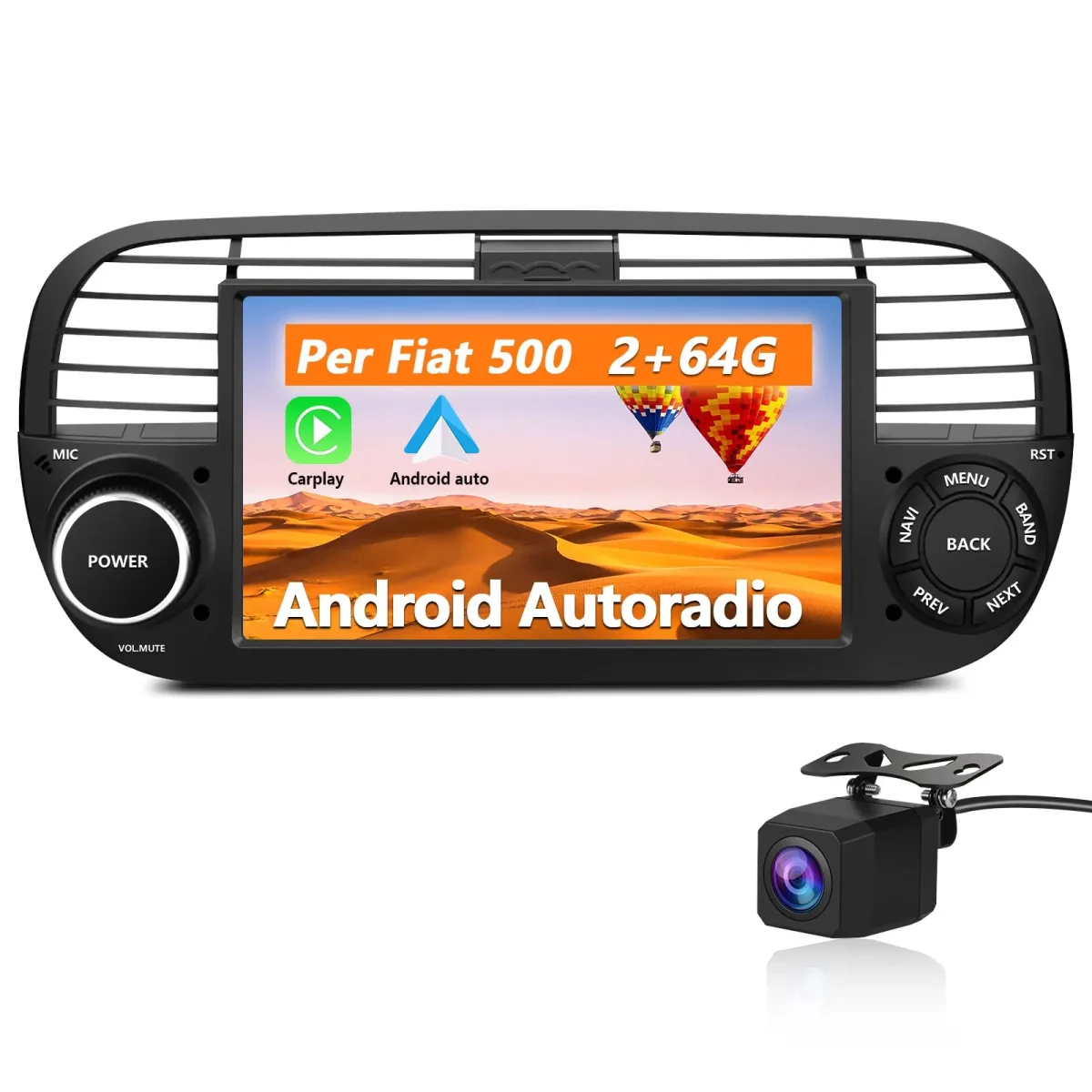 AWESAFE Nero Autoradio Android 13 2+64GB con Schermo Touchscreen HD 7 Pollici - Per Fiat 500 2007-2015 - Telecamera Posteriore, Bluetooth/Mirror Link con CarPlay Wireless e Android Auto
