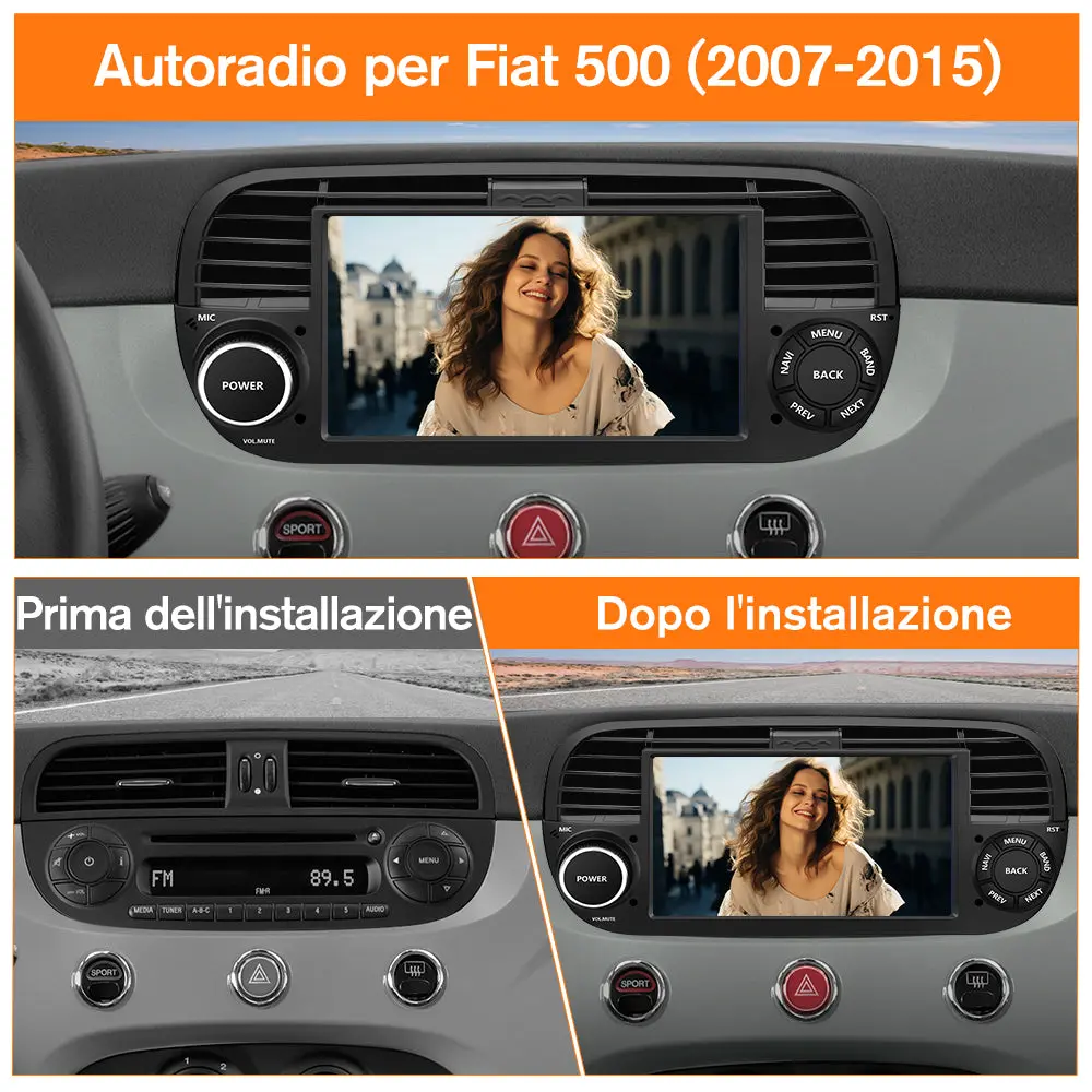 AWESAFE Nero Autoradio Android 13 2+64GB con Schermo Touchscreen HD 7 Pollici - Per Fiat 500 2007-2015 - Telecamera Posteriore, Bluetooth/Mirror Link con CarPlay Wireless e Android Auto – Image 3