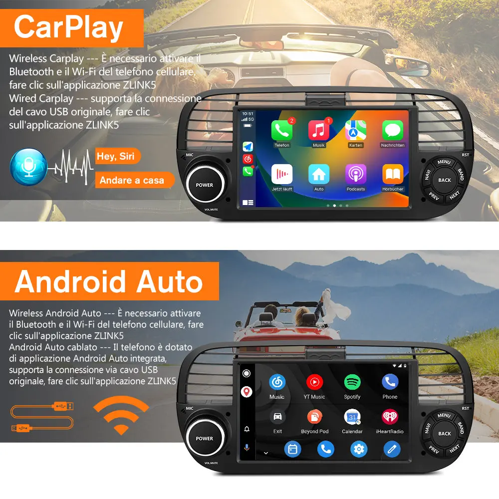 AWESAFE Nero Autoradio Android 13 2+64GB con Schermo Touchscreen HD 7 Pollici - Per Fiat 500 2007-2015 - Telecamera Posteriore, Bluetooth/Mirror Link con CarPlay Wireless e Android Auto – Image 4