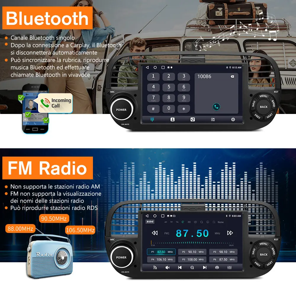 AWESAFE Nero Autoradio Android 13 2+64GB con Schermo Touchscreen HD 7 Pollici - Per Fiat 500 2007-2015 - Telecamera Posteriore, Bluetooth/Mirror Link con CarPlay Wireless e Android Auto – Image 5