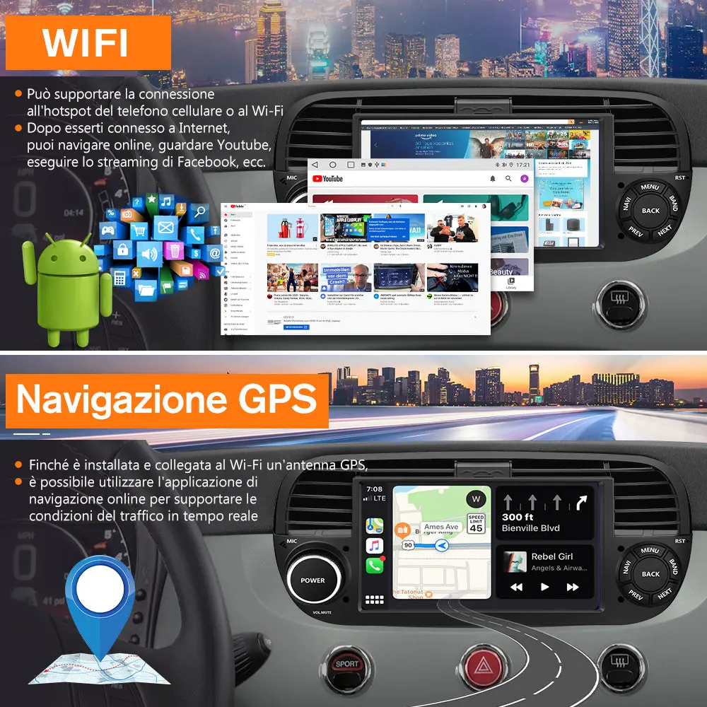 AWESAFE Nero Autoradio Android 13 2+64GB con Schermo Touchscreen HD 7 Pollici - Per Fiat 500 2007-2015 - Telecamera Posteriore, Bluetooth/Mirror Link con CarPlay Wireless e Android Auto – Image 6