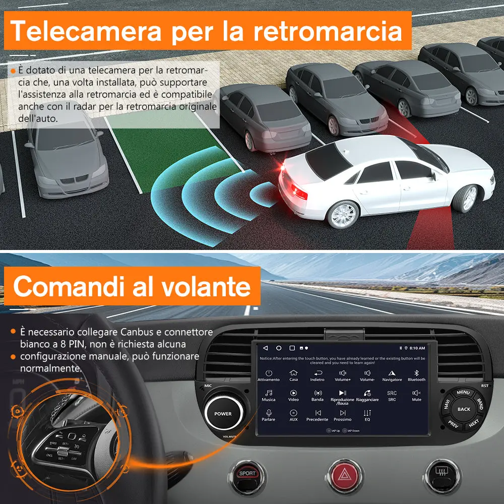 AWESAFE Nero Autoradio Android 13 2+64GB con Schermo Touchscreen HD 7 Pollici - Per Fiat 500 2007-2015 - Telecamera Posteriore, Bluetooth/Mirror Link con CarPlay Wireless e Android Auto – Image 7