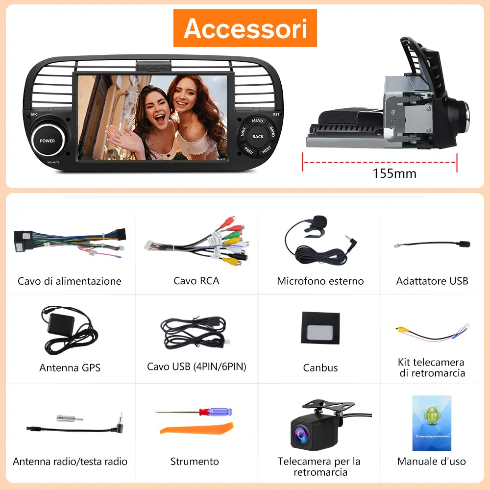 AWESAFE Nero Autoradio Android 13 2+64GB con Schermo Touchscreen HD 7 Pollici - Per Fiat 500 2007-2015 - Telecamera Posteriore, Bluetooth/Mirror Link con CarPlay Wireless e Android Auto – Image 8