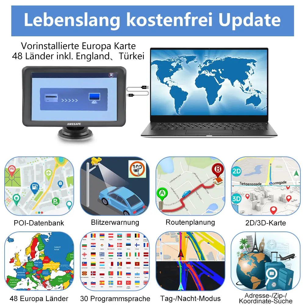 AWESAFE GPS Navi 7 Zoll Touchscreen Bluetooth reversibel integrierte Installation Europa Karten 2025 jährliche kostenlose Updates – Image 3