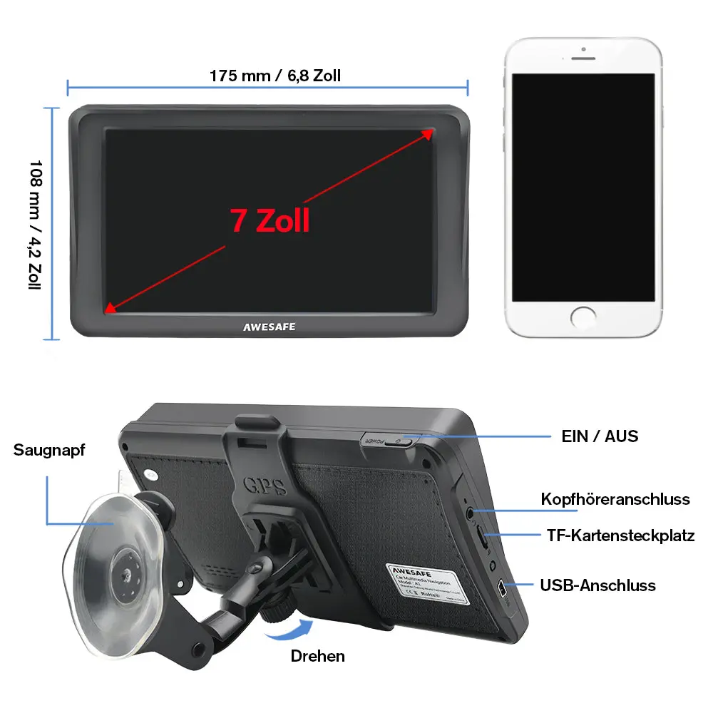AWESAFE GPS Navi 7 Zoll Touchscreen Bluetooth reversibel integrierte Installation Europa Karten 2025 jährliche kostenlose Updates – Image 9