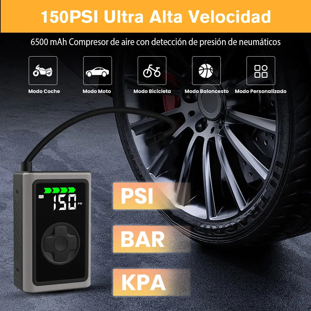 AWESAFE Portable Electric Air Compressor - Compresor de aire portátil (3-150 psi, 5 modos, batería de 6500mAh, carga USB-C, pantalla LED&Linterna LED), negro Inflador de Neumático – Image 4