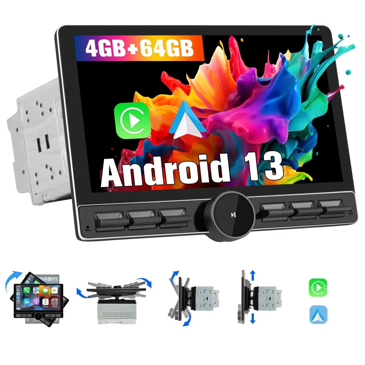 AWESAFE 2DIN Radio Estéreo para Coche con Android 13 4GB+64GB, Pantalla Táctil Rotatoria de 10.6 Pulgadas, Bluetooth, 4G, GPS, Radio FM/AM, Receptor, CarPlay y Android Auto Inalámbricos