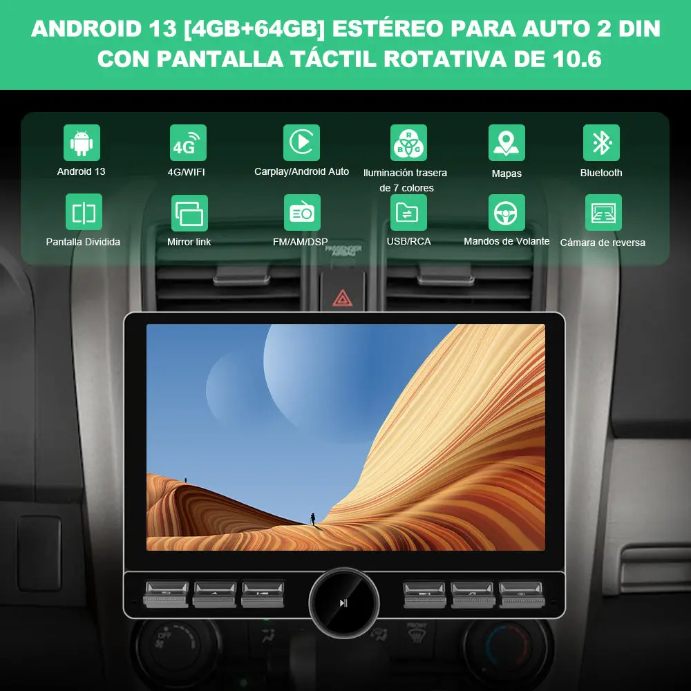 AWESAFE 2DIN Radio Estéreo para Coche con Android 13 4GB+64GB, Pantalla Táctil Rotatoria de 10.6 Pulgadas, Bluetooth, 4G, GPS, Radio FM/AM, Receptor, CarPlay y Android Auto Inalámbricos – Image 3