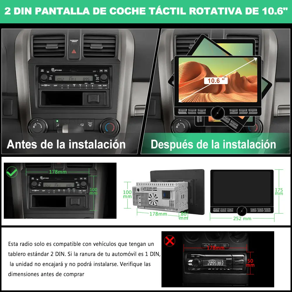 AWESAFE 2DIN Radio Estéreo para Coche con Android 13 4GB+64GB, Pantalla Táctil Rotatoria de 10.6 Pulgadas, Bluetooth, 4G, GPS, Radio FM/AM, Receptor, CarPlay y Android Auto Inalámbricos – Image 4