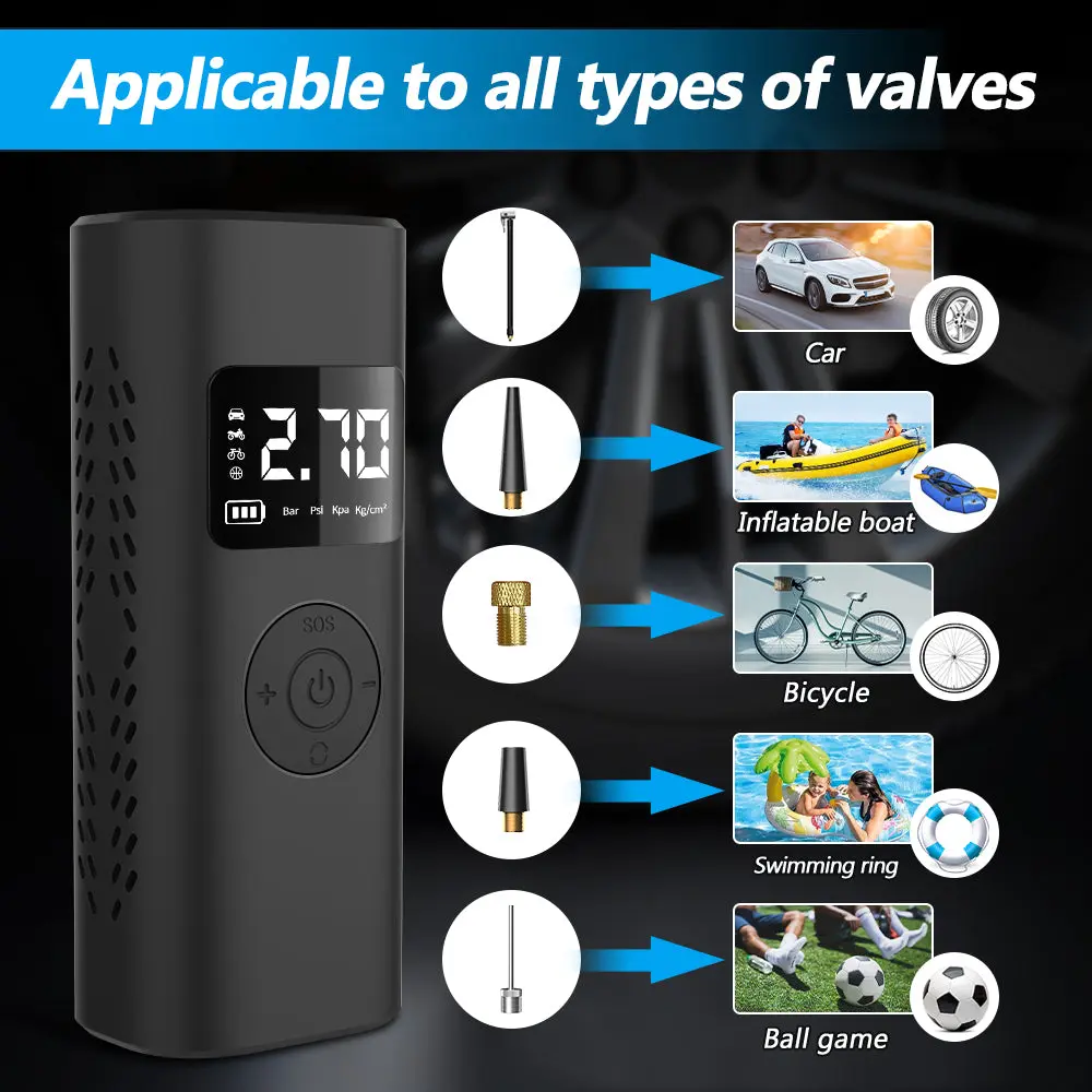 AWESAFE Tragbarer Reifenfüller mit 7800-mAh-Akku, 150-PSI-Schnellpumpe mit digitalem LCD-Manometer, Kompressor für Fahrräder, Motorräder, Autos, Bälle und Schwimmringe – Image 4