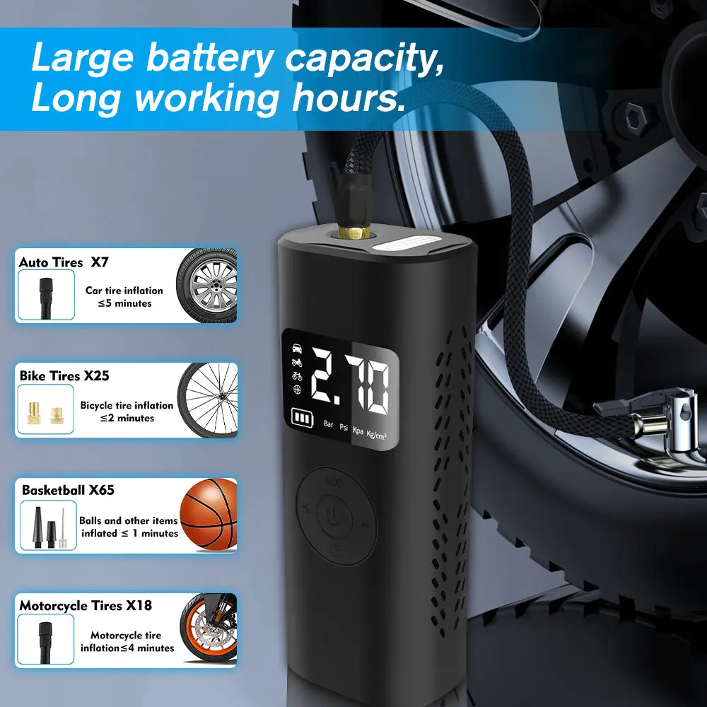 AWESAFE Tragbarer Reifenfüller mit 7800-mAh-Akku, 150-PSI-Schnellpumpe mit digitalem LCD-Manometer, Kompressor für Fahrräder, Motorräder, Autos, Bälle und Schwimmringe – Image 8