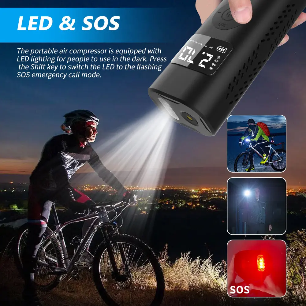 AWESAFE Tragbarer Reifenfüller mit 7800-mAh-Akku, 150-PSI-Schnellpumpe mit digitalem LCD-Manometer, Kompressor für Fahrräder, Motorräder, Autos, Bälle und Schwimmringe – Image 6