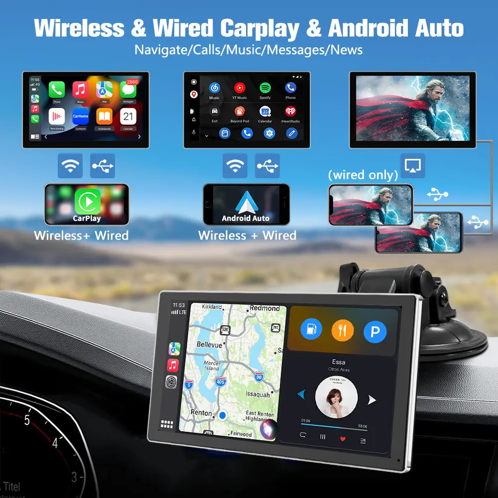 AWESAFE 9 Inch Wireless Carplay Android Auto Screen Car Stereo Radio, Portable Car Radio Receiver Compatible with Bluetooth Online GPS Navigation Voice Control – Image 4