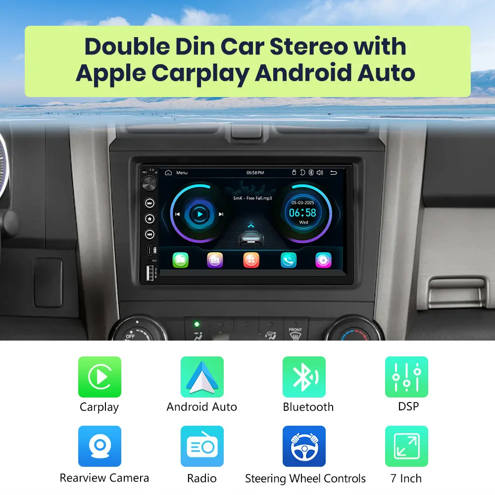 AWESAFE Double Din Touch Screen Car Radio with Apple CarPlay,7 inch HD Portable Carplay Android Auto Car Stereo 2 DIN Radio with Bluetooth, Backup Camera, GPS Navigation, USB-C, FM Radio, AUX, SWC and Mirror Link – Image 4