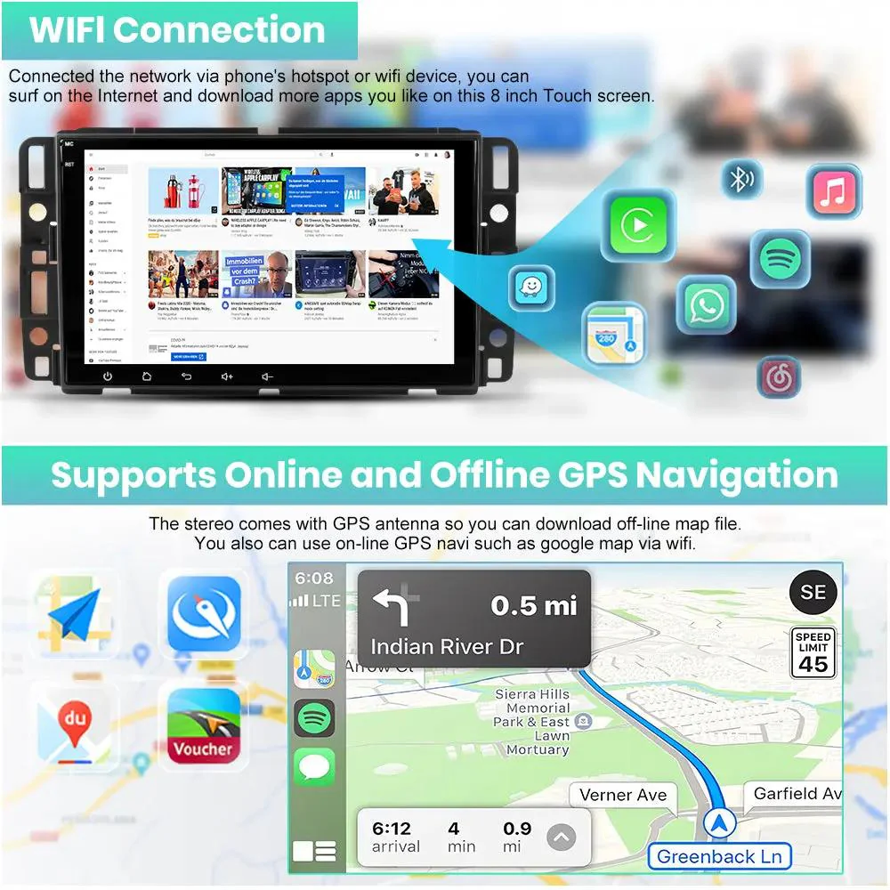 AWESAFE （4+64GB） 8 Core Car Stereo Radio for Chevy Silverado GMC Sierra Yukon, 8 inch Android 13 Touch Screen Radio Replacement with AM FM, SWC, Bluetooth, Navigation, Rear Camera – Image 5