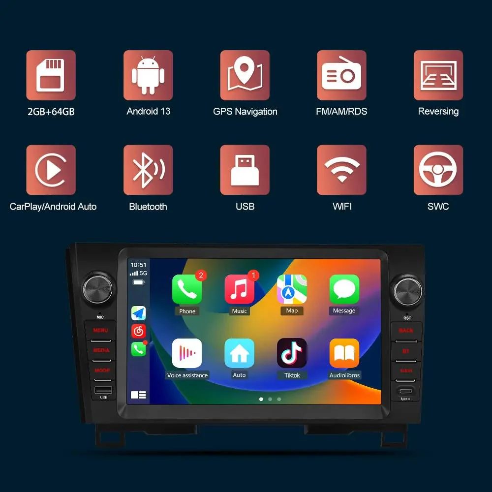 AWESFE Android 13 2GB+64GB Car Radio for Toyota Tundra 2007-2013 & Sequoia 2008-2018, 10" Touch Screen Upgrade with Wireless Carplay & Android Auto/DSP/Bluetooth/GPS/FM/AM/BackCamera – Image 3