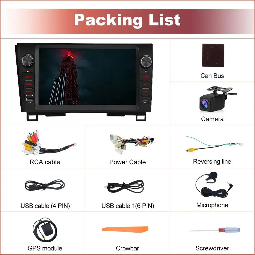 AWESFE Android 13 2GB+64GB Car Radio for Toyota Tundra 2007-2013 & Sequoia 2008-2018, 10" Touch Screen Upgrade with Wireless Carplay & Android Auto/DSP/Bluetooth/GPS/FM/AM/BackCamera – Image 9