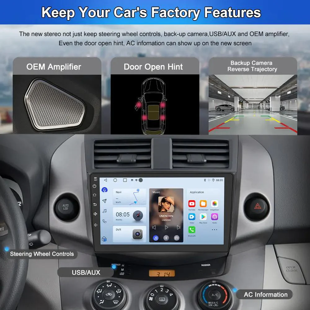 AWESFE Android 13 Touchscreen Car Radio Stereo for Toyota RAV4 2006-2012 with Reverse Camera ,Support for CarPlay/Android Auto Wireless/MirrorLink/Bluetooth/GPS/FM/AM – Image 4
