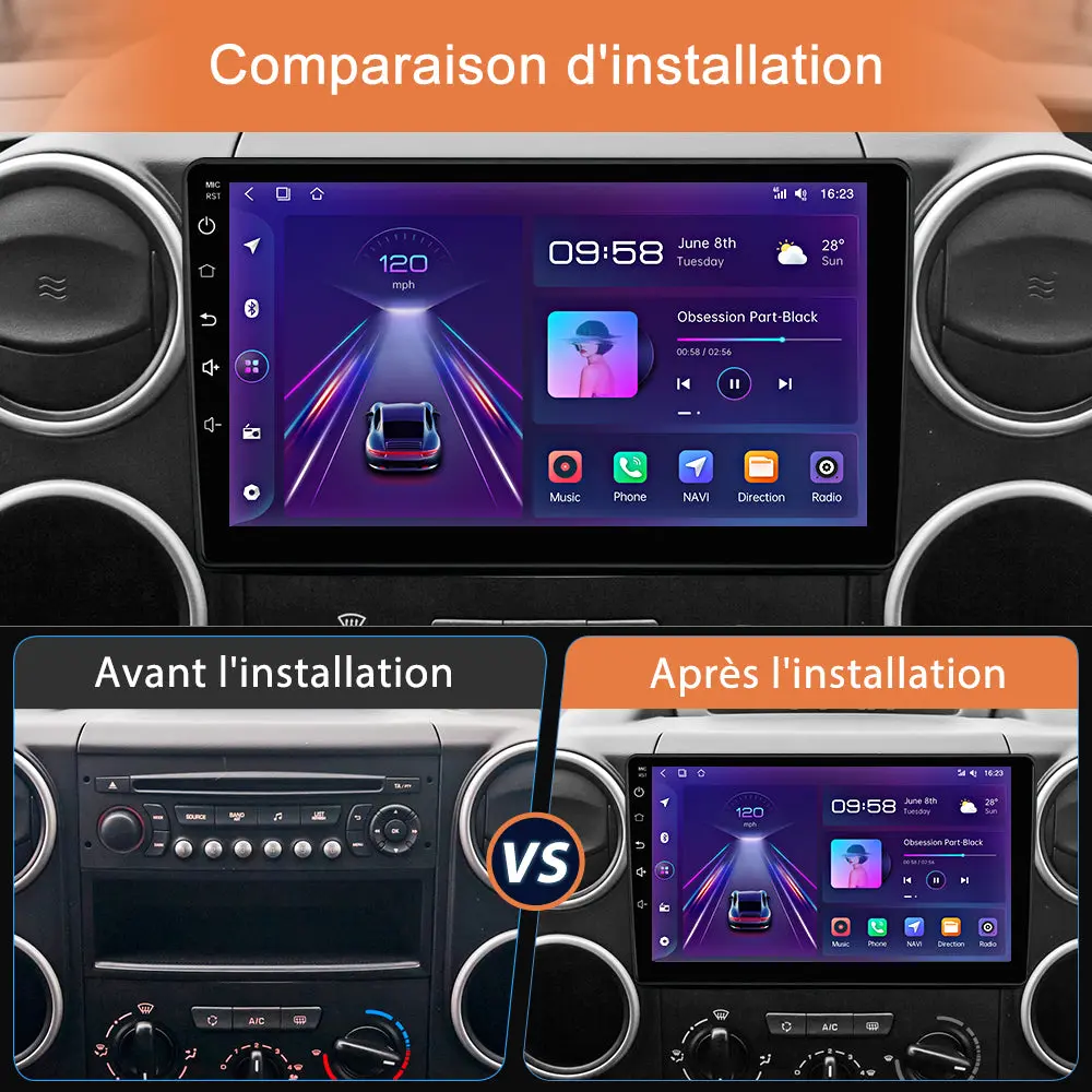 Android Radio Pour Berlingo B9 Peugeot Partner (2008-2019) Construit en Carplay/Android Auto SWC BT AM/FM – Image 3