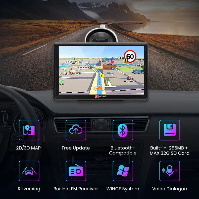 7 Inch GPS Navigation with Bluetooth/ FM/Speed Alerts/ Lifetime North America Maps for DC 12V&24V Car Truck RV – Image 2