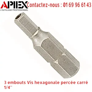 3 embouts Vis hexagonale percée carré 1/4''