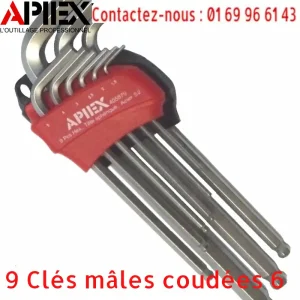 9 Clés mâles coudées 6 pans métriques extra longues