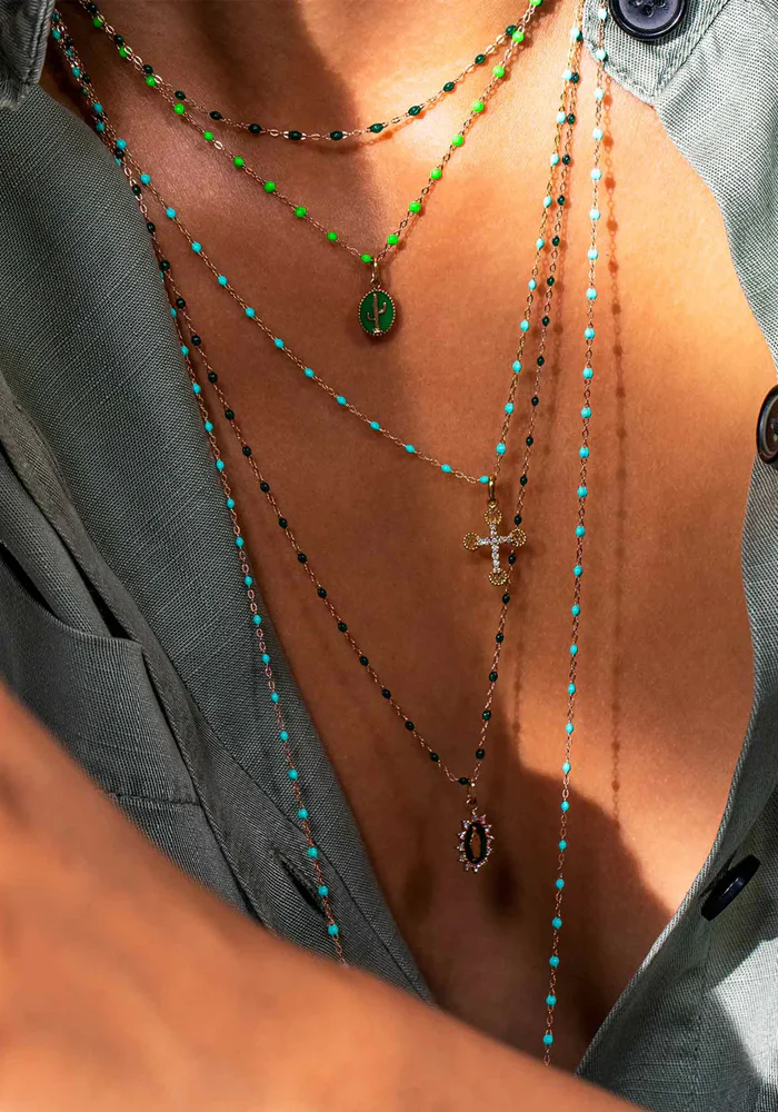 Sautoir Classique Gigi Or Rose Et Résines Turquoise Vert 86cm – Image 3