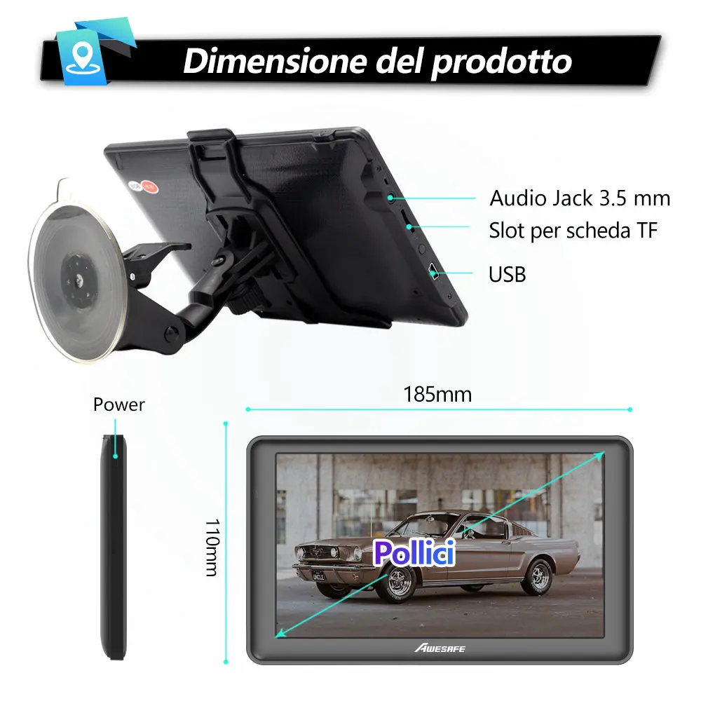 AWESAFE Navigatore GPS 7 Pollici Schermo Touch FM Integrato per Auto Camion 12-24V Mappe Europa 2025 Aggiornamenti Gratis Annuali – Image 3