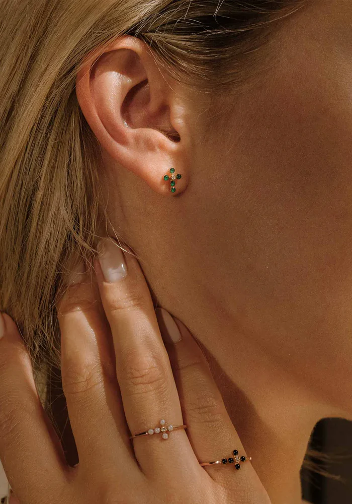 Bague Croix Perlée Diamant Résine Opale – Image 3