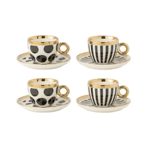 Lot De 4 Tasses Et Soucoupes Noires Et Blanches