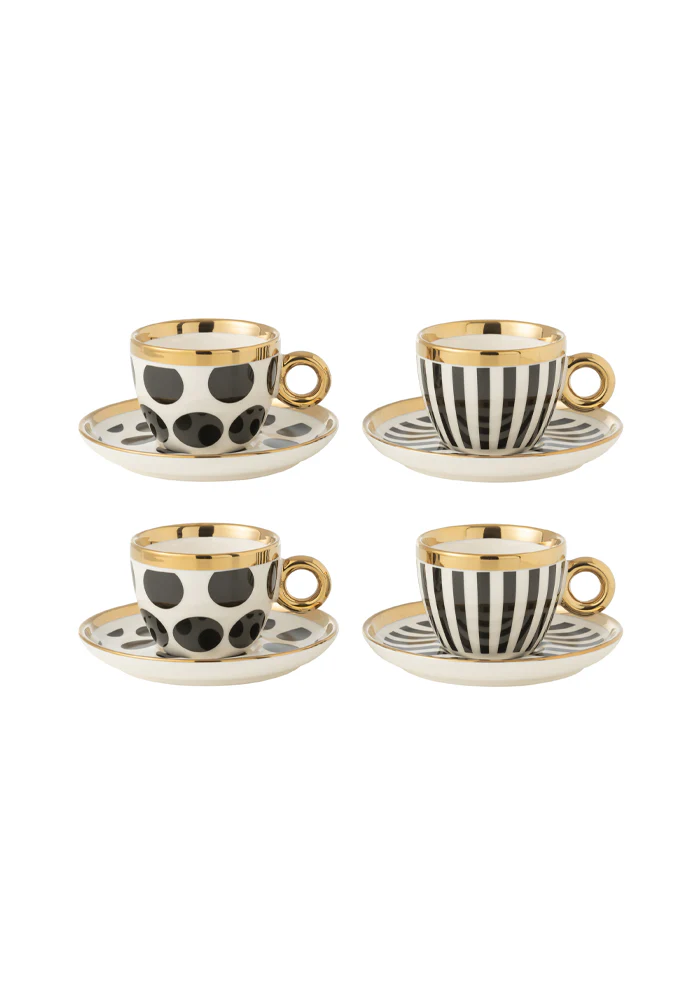 Lot De 4 Tasses Et Soucoupes Noires Et Blanches