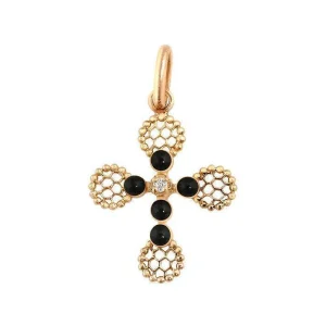 Pendentif Croix Dentelle Perlée Or Rose Diamant Et Résine Noir