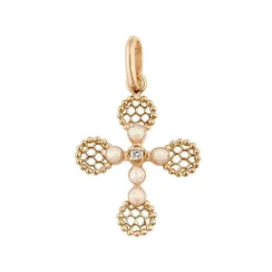 Pendentif Croix Dentelle Perlée Or Rose Diamant Et Résine Opale