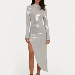Robe Sequin Slit Sequins Gris Clair