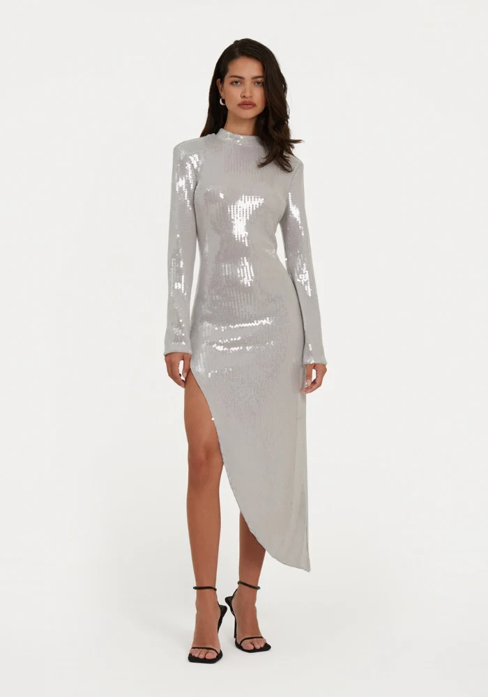 Robe Sequin Slit Sequins Gris Clair – Image 2