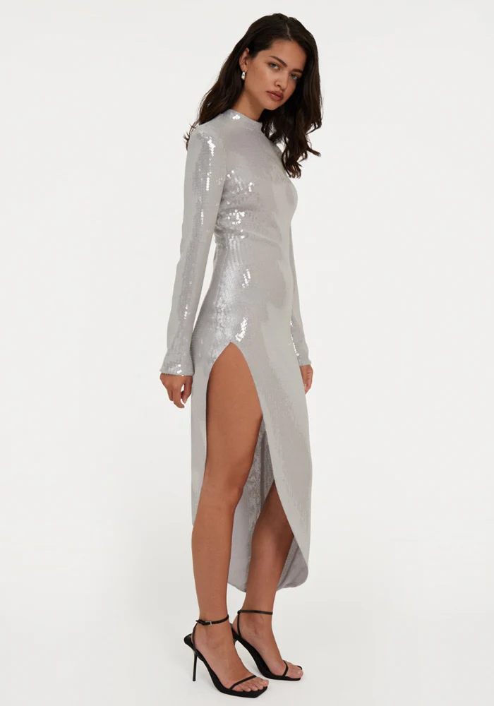 Robe Sequin Slit Sequins Gris Clair – Image 4